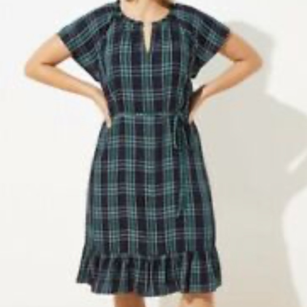 Navy blue & green checkered dress with ruffle hem